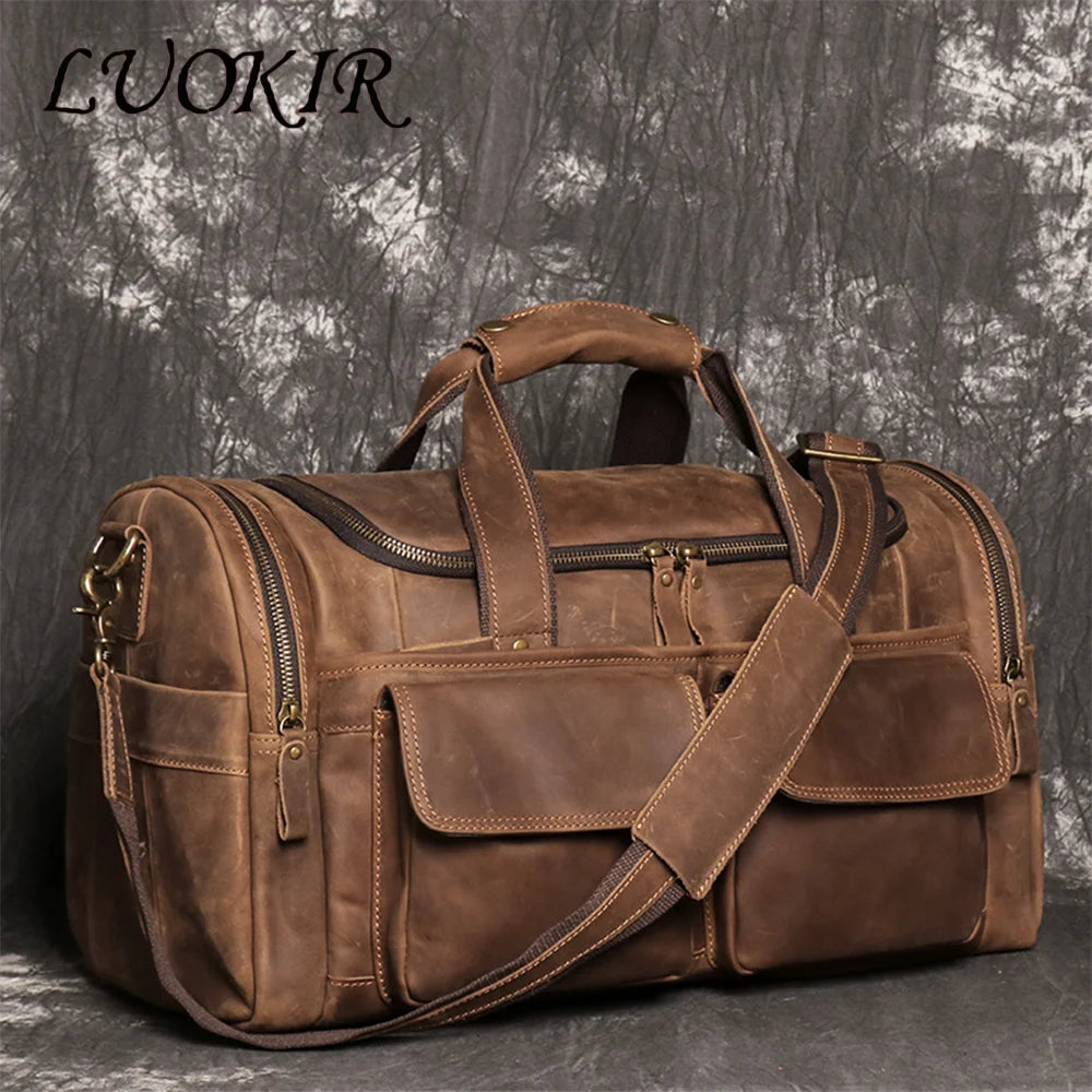 LUOKIR Genuine Leather Men's Shoulder Duffle Bag