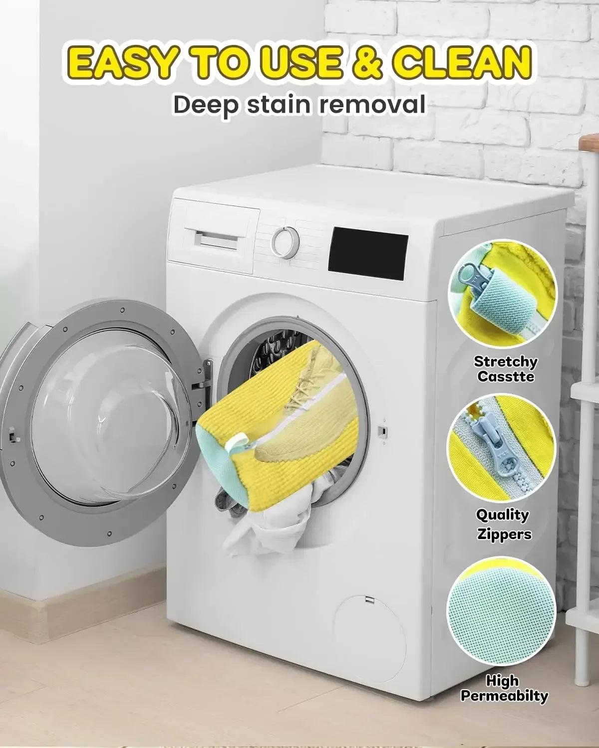 White washing machine with open door showing a cleaning tool, text 'Easy to use & clean' and 'Deep stain removal'.