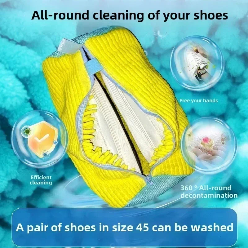 Yellow shoe cleaning brush with text on a blue background