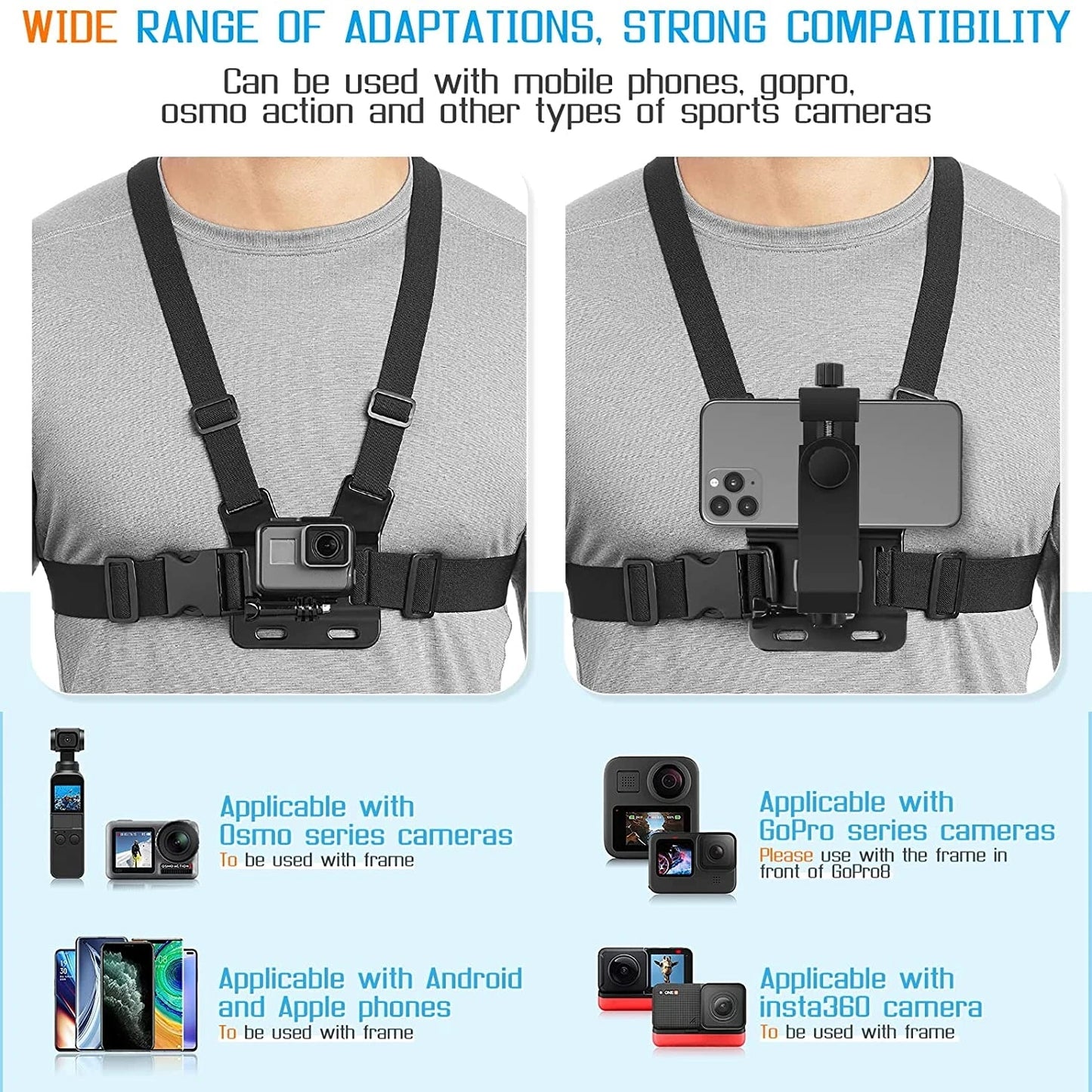 Phone Chest Strap Mount Belt for Smartphone - GoPro - DJI Action Camera Live Shooting