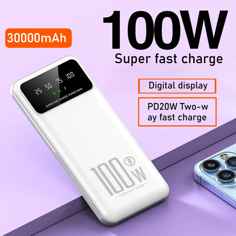 100W Super Fast Charging Power Bank 30000mAh with LED Ligh for Apple & Android