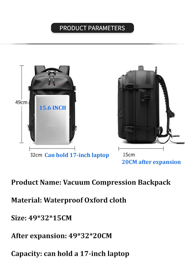 Men Travel Backpack with vacuum compression 17" Laptop Backpack