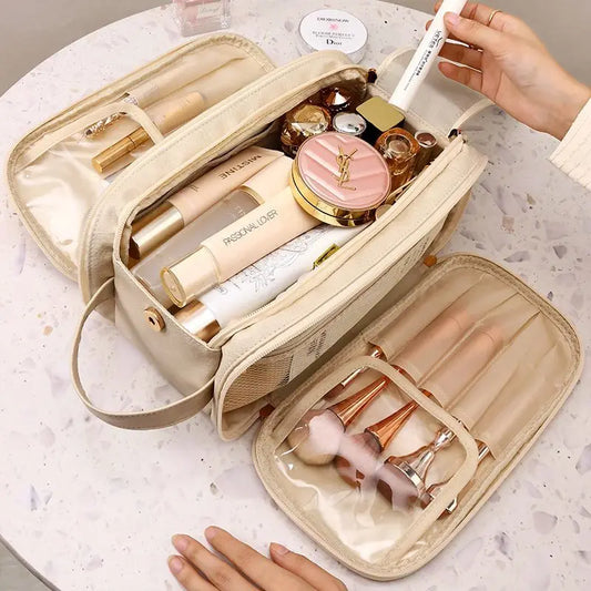 Large Leather Makeup Bag Portable - Double Zipper