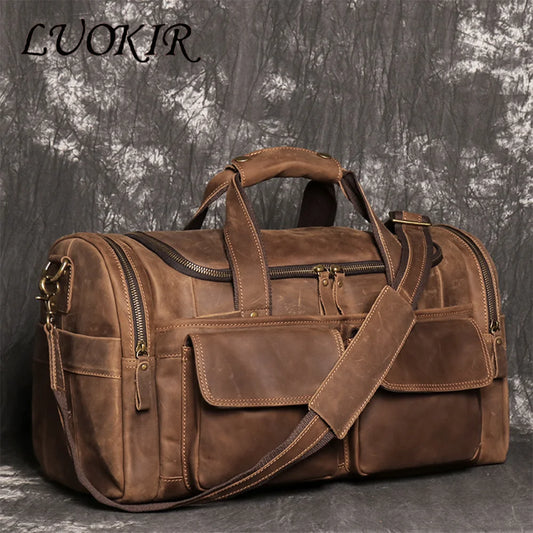 LUOKIR Genuine Leather Men's Shoulder Duffle Bag