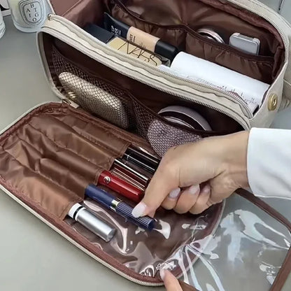 Large Leather Makeup Bag Portable - Double Zipper