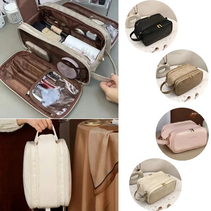 Large Leather Makeup Bag Portable - Double Zipper