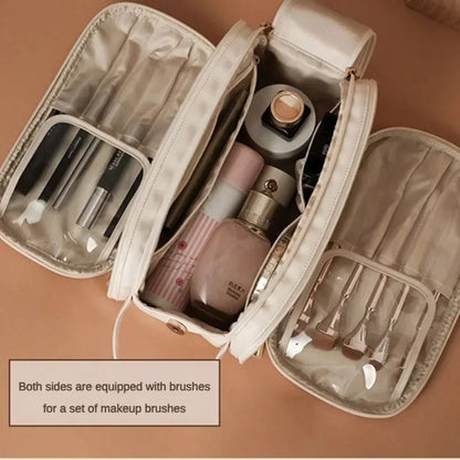 Large Leather Makeup Bag Portable - Double Zipper