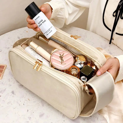 Large Leather Makeup Bag Portable - Double Zipper