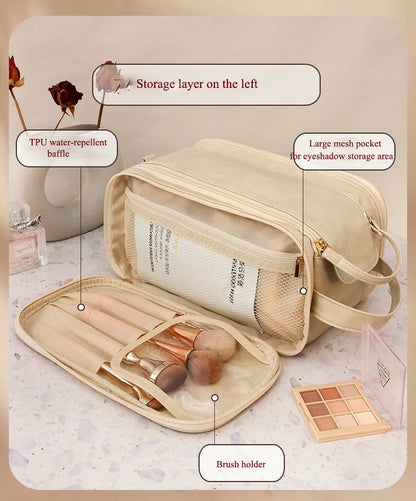 Large Leather Makeup Bag Portable - Double Zipper