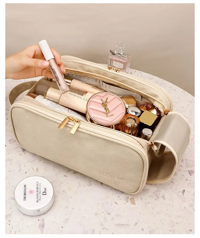 Large Leather Makeup Bag Portable - Double Zipper