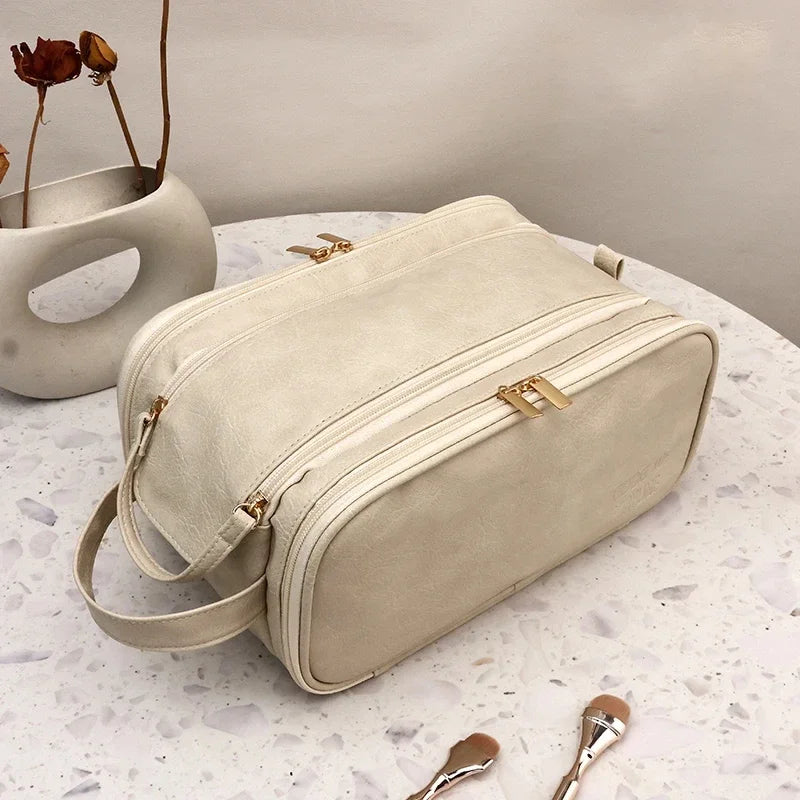 Large Leather Makeup Bag Portable - Double Zipper