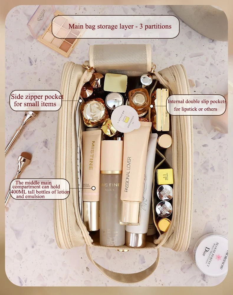 Large Leather Makeup Bag Portable - Double Zipper