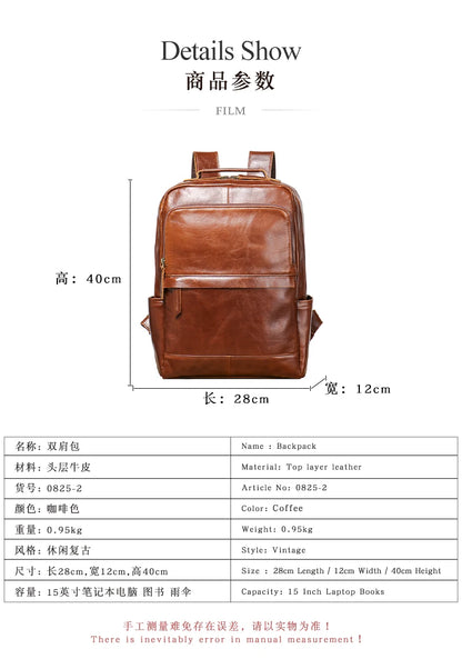 Vintage Cowhide Leather Backpack – Unisex 15'' Laptop Travel Bag