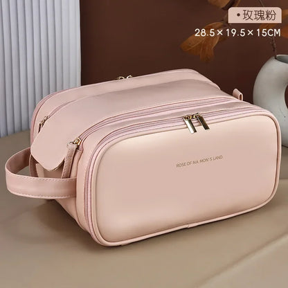 Large Leather Makeup Bag Portable - Double Zipper