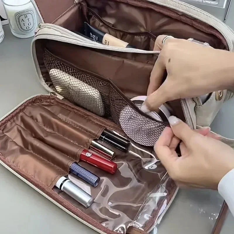 Large Leather Makeup Bag Portable - Double Zipper
