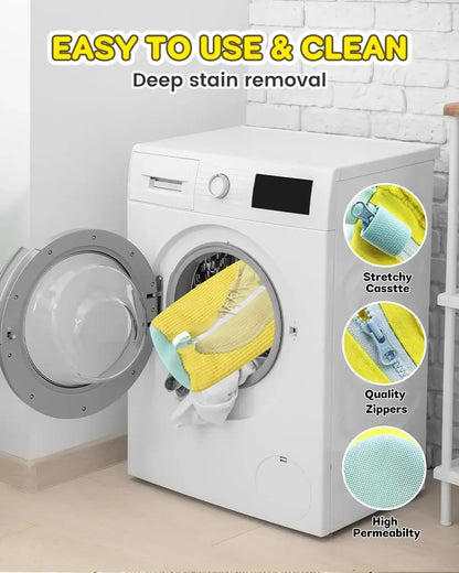 White washing machine with open door showing a cleaning tool, text 'Easy to use & clean' and 'Deep stain removal'.