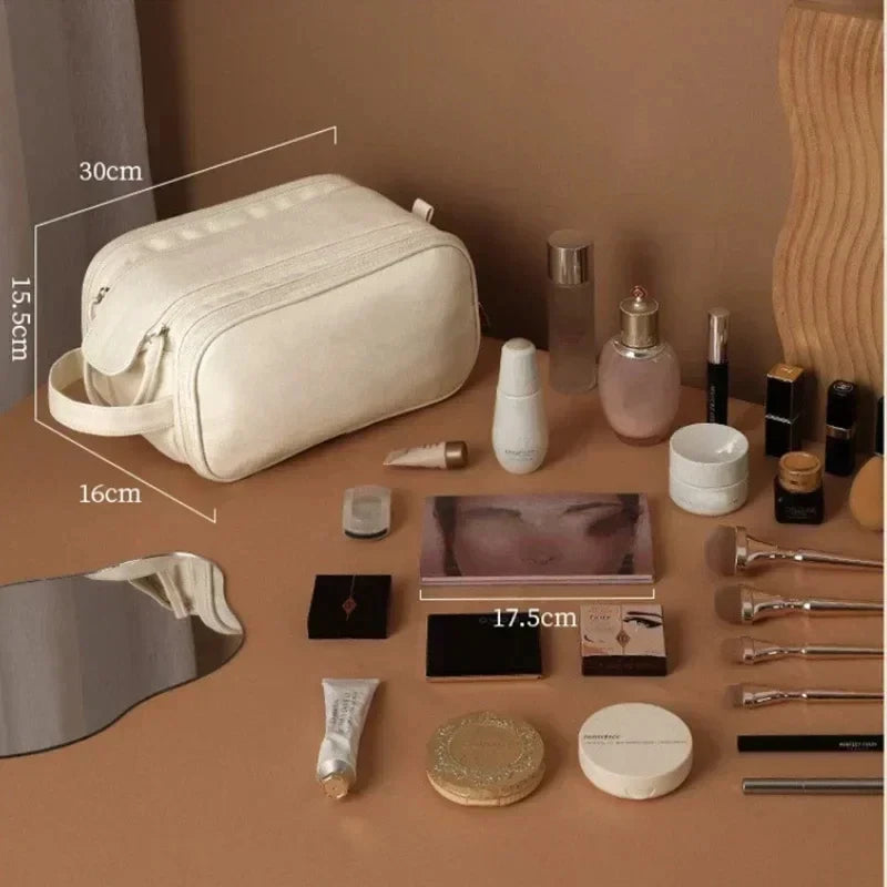 Large Leather Makeup Bag Portable - Double Zipper