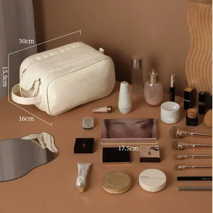 Large Leather Makeup Bag Portable - Double Zipper