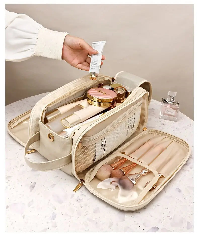 Large Leather Makeup Bag Portable - Double Zipper
