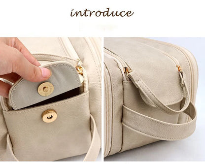 Large Leather Makeup Bag Portable - Double Zipper
