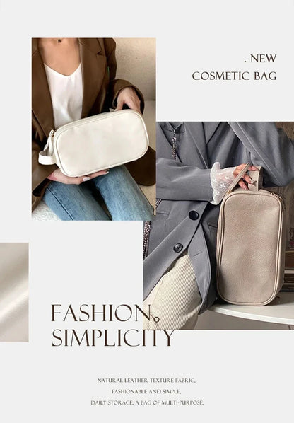 Large Leather Makeup Bag Portable - Double Zipper