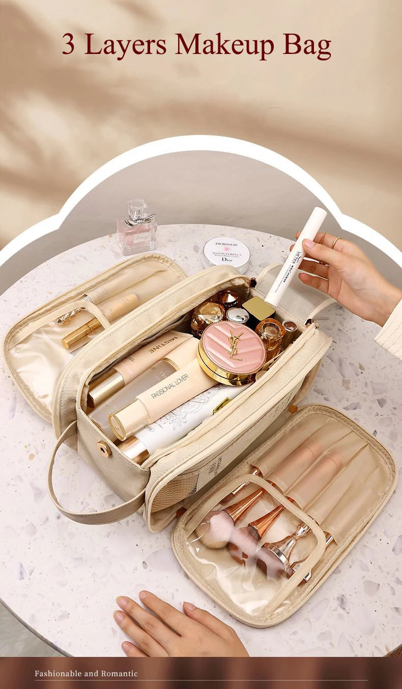 Large Leather Makeup Bag Portable - Double Zipper
