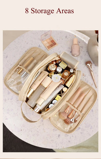 Large Leather Makeup Bag Portable - Double Zipper