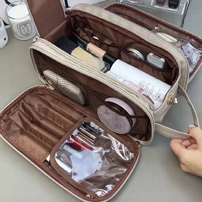 Large Leather Makeup Bag Portable - Double Zipper