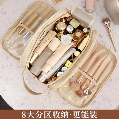 Large Leather Makeup Bag Portable - Double Zipper
