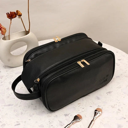 Large Leather Makeup Bag Portable - Double Zipper