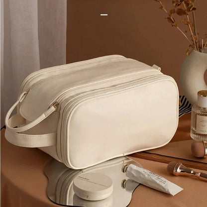 Large Leather Makeup Bag Portable - Double Zipper