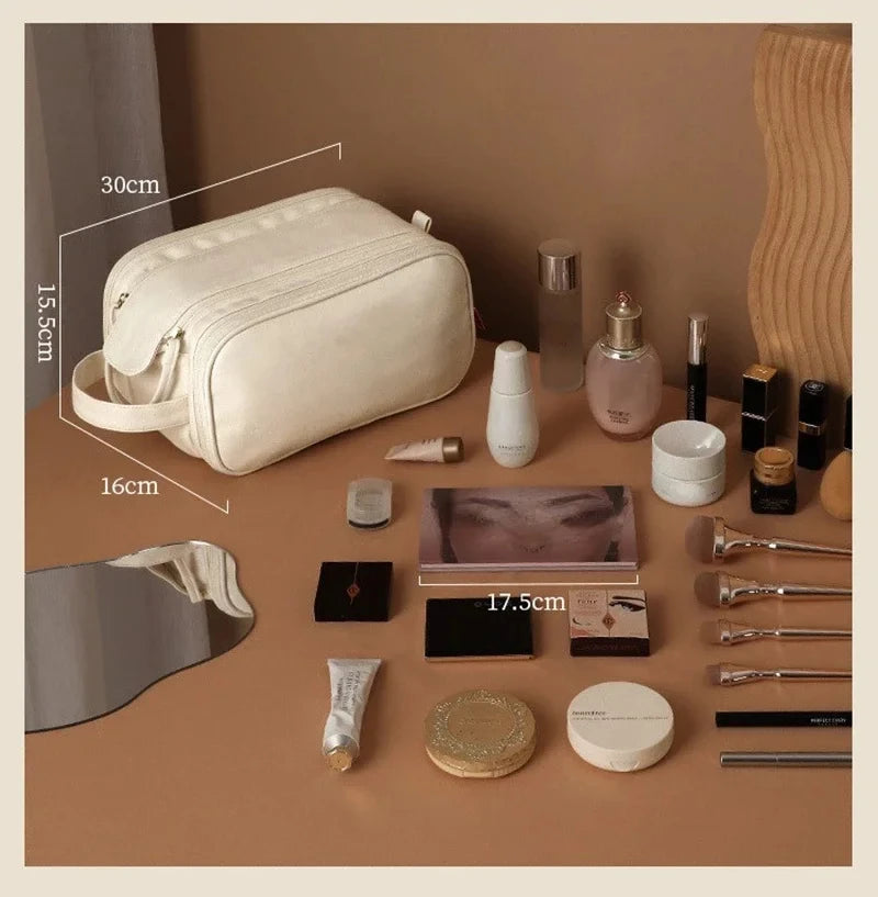 Large Leather Makeup Bag Portable - Double Zipper