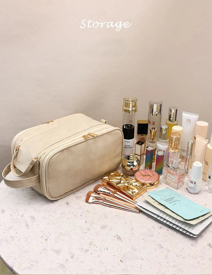 Large Leather Makeup Bag Portable - Double Zipper