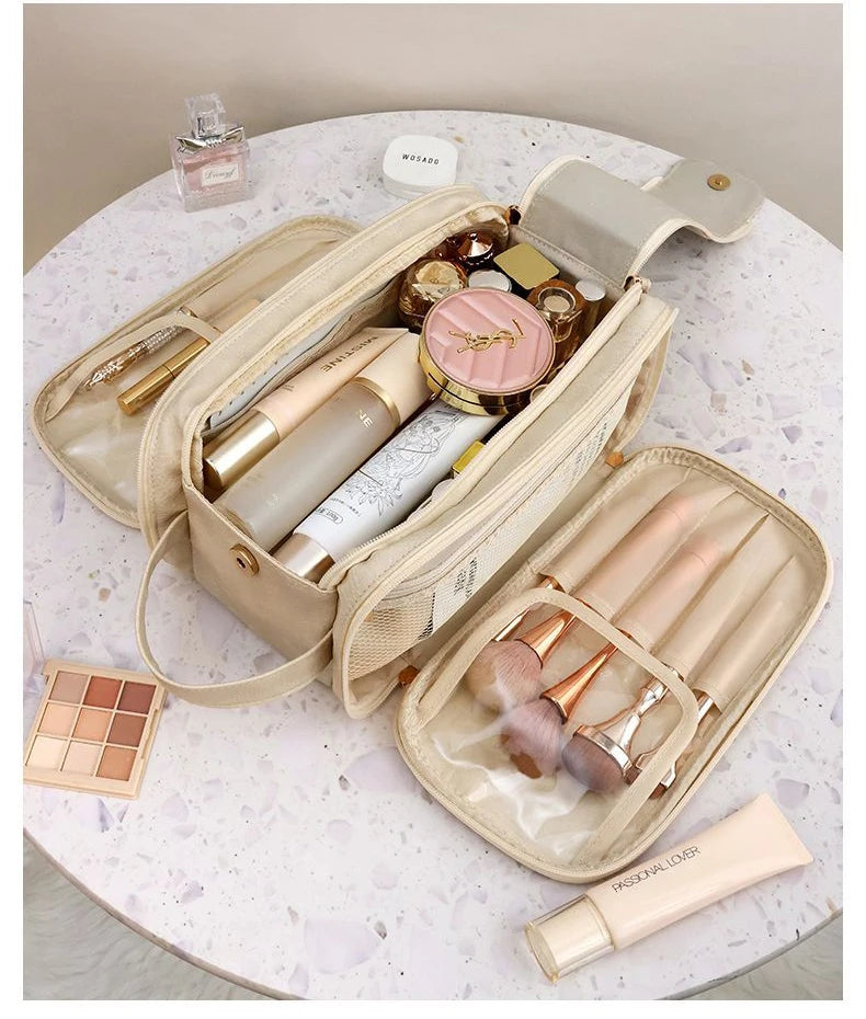Large Leather Makeup Bag Portable - Double Zipper