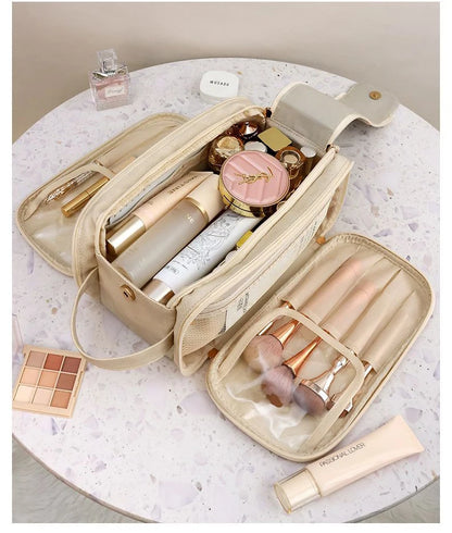 Large Leather Makeup Bag Portable - Double Zipper