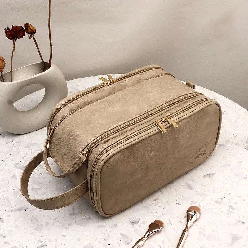 Large Leather Makeup Bag Portable - Double Zipper