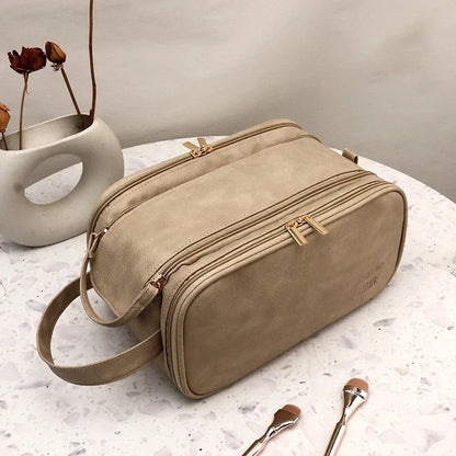 Large Leather Makeup Bag Portable - Double Zipper
