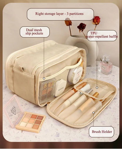 Large Leather Makeup Bag Portable - Double Zipper