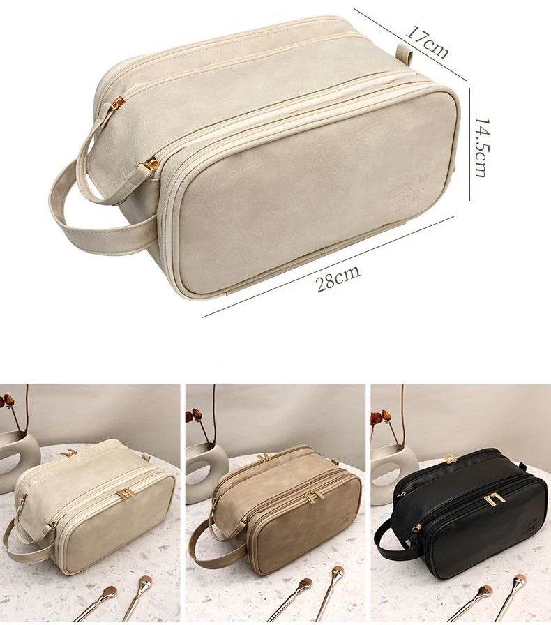 Large Leather Makeup Bag Portable - Double Zipper