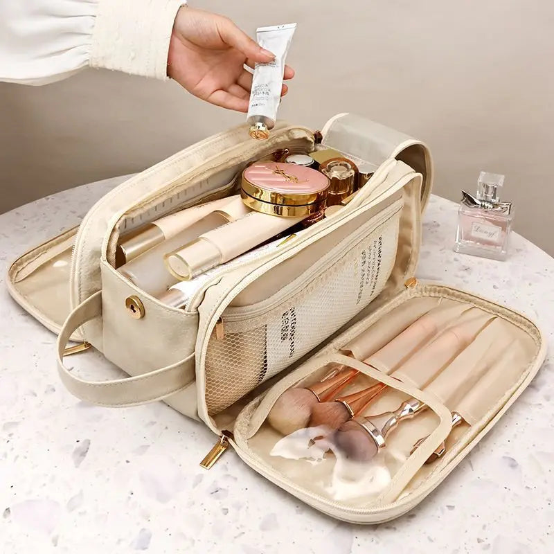 Large Leather Makeup Bag Portable - Double Zipper