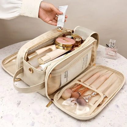 Large Leather Makeup Bag Portable - Double Zipper