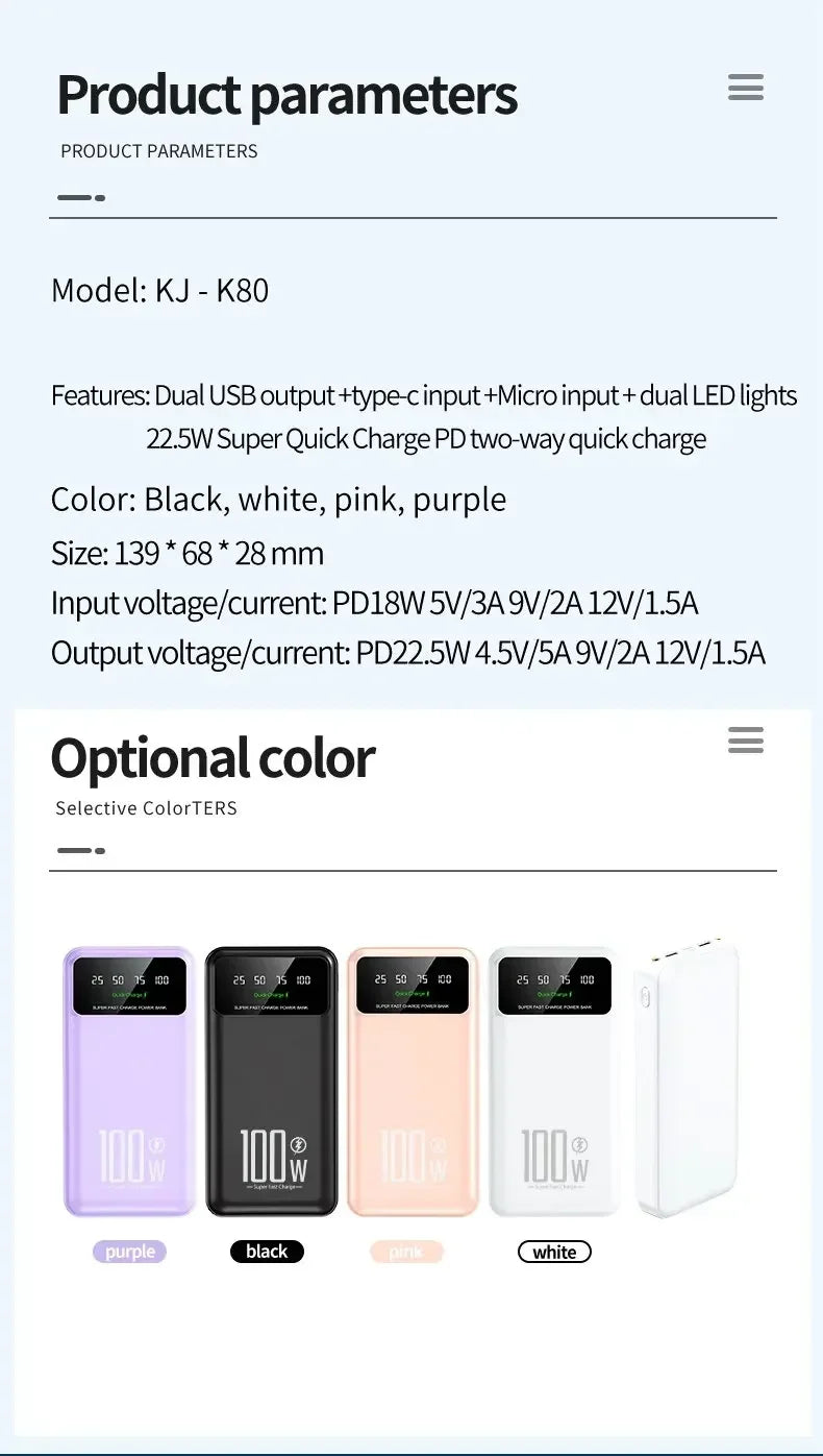 100W Super Fast Charging Power Bank 30000mAh with LED Ligh for Apple & Android