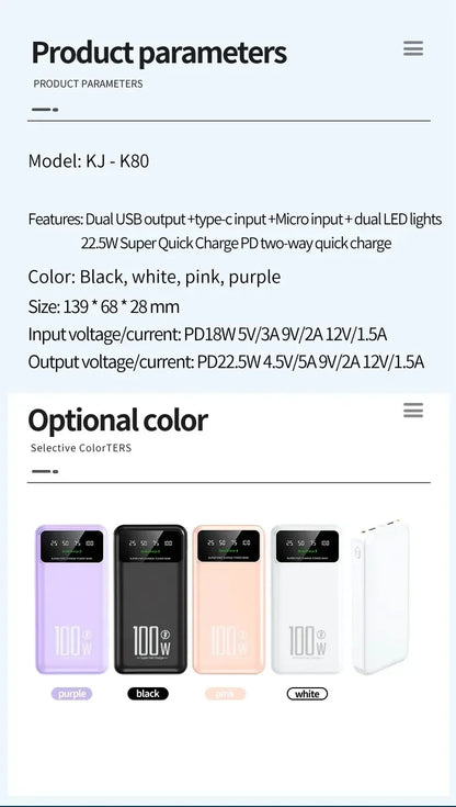 100W Super Fast Charging Power Bank 30000mAh with LED Ligh for Apple & Android