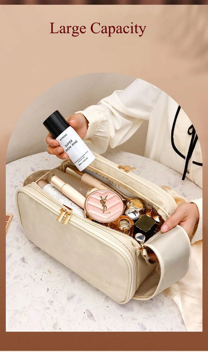 Large Leather Makeup Bag Portable - Double Zipper