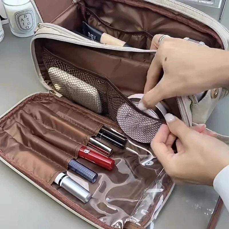 Large Leather Makeup Bag Portable - Double Zipper